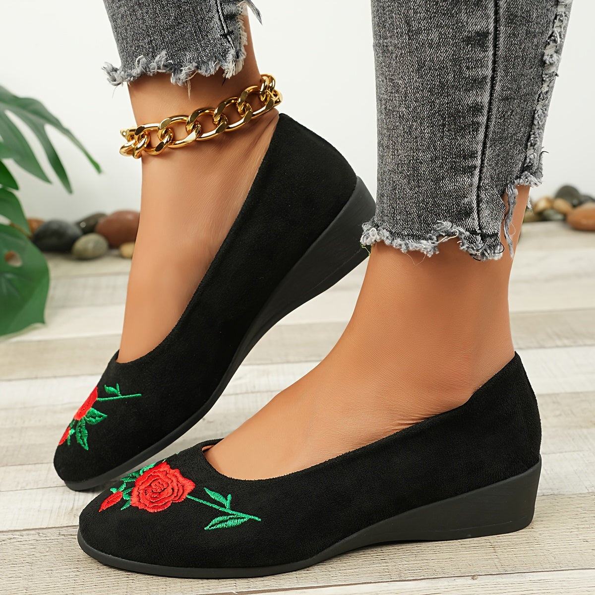 Ayollar uchun tikilgan peony balet flats slip-on Mary Jane poyabzal