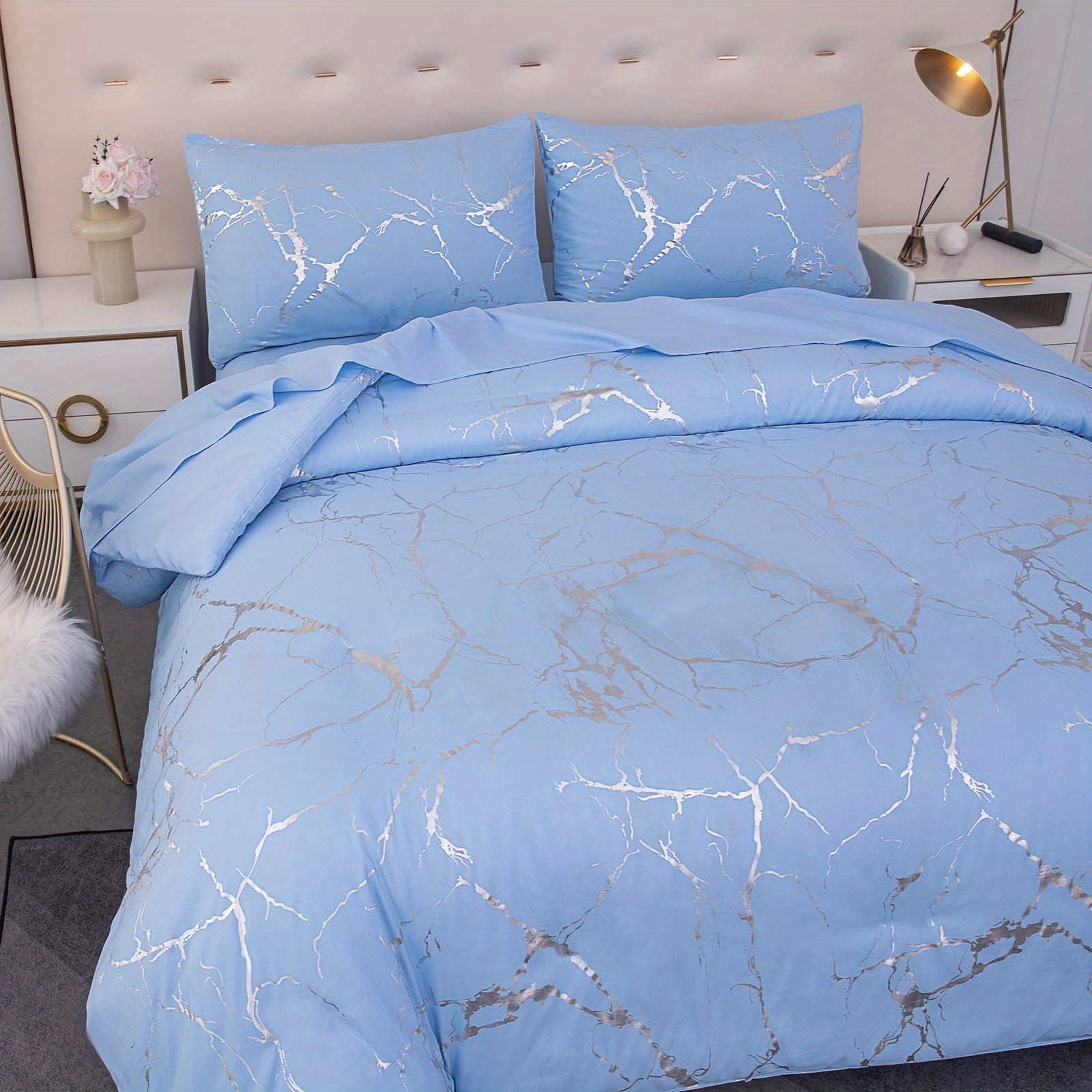 Elegant Marble Pattern Bedding Set in Pink Gray Green Blue Purple Washable Ultra-fine Fiber Duvet Cover 2-3 Piece