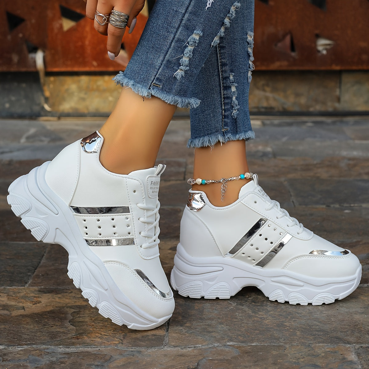Women's White and Gold Platform Sneakers in Large Size 42 with 8cm Height Boost