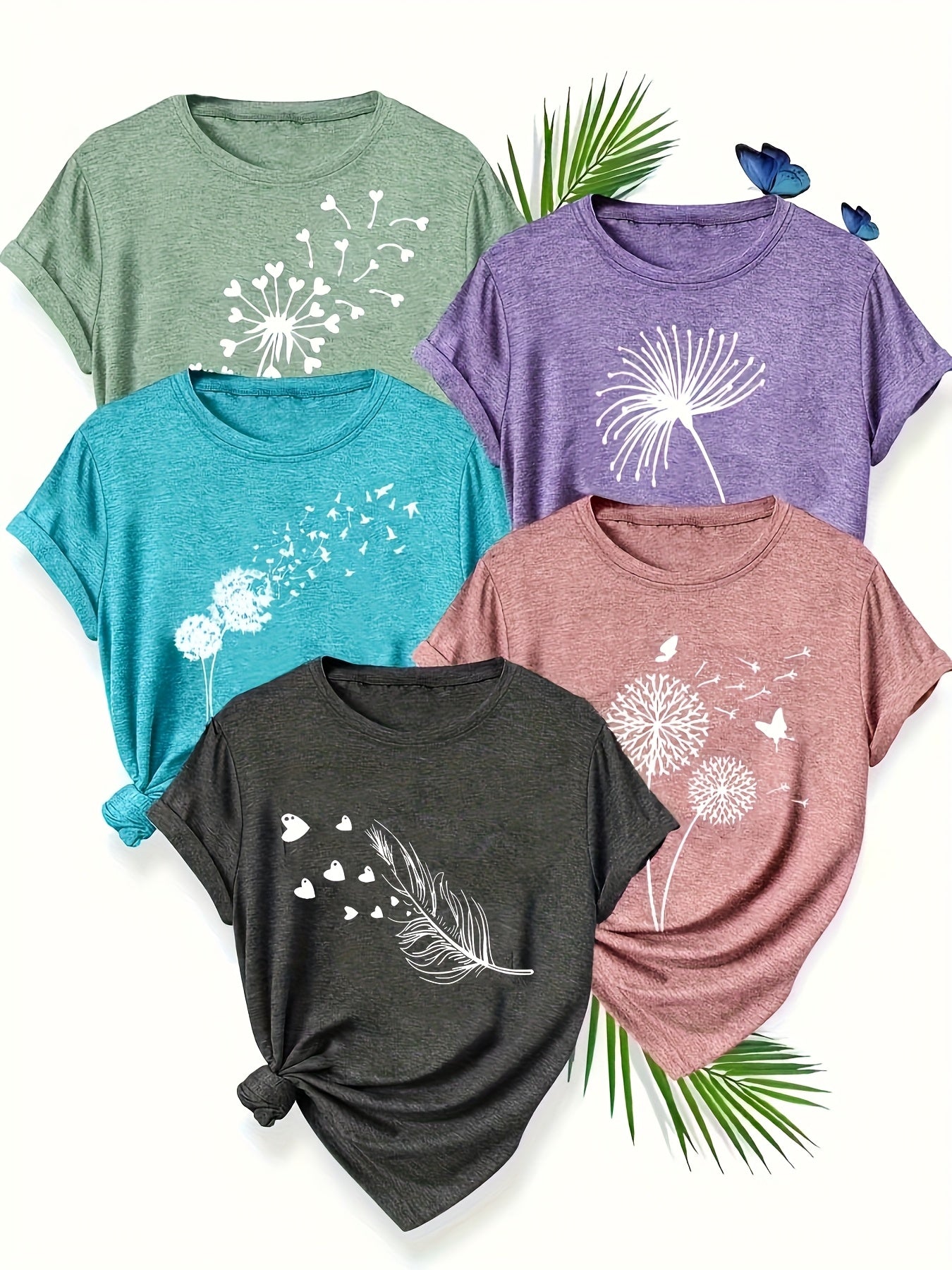 Women's Short Sleeve T-Shirts 5 Pack Breathable Geometric Floral Prints