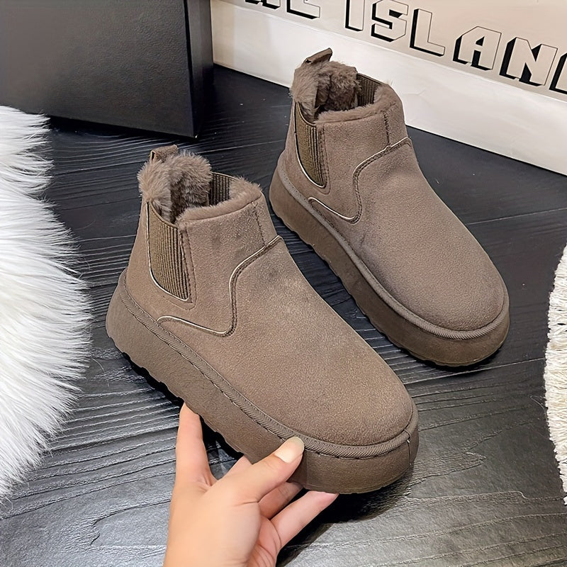 Women's Beige Slip-On Ankle Boots with Faux Fur Cushioned Sole