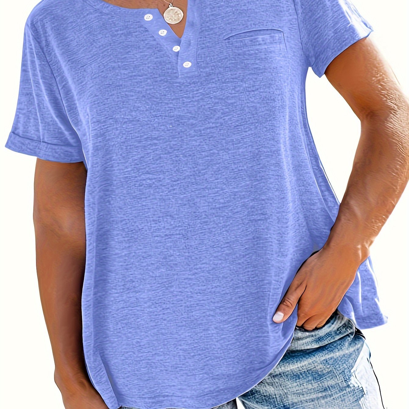 Женская ночная рубашка большого размера с однотонным дизайном, с вырезом-открытым, карманом, футболка