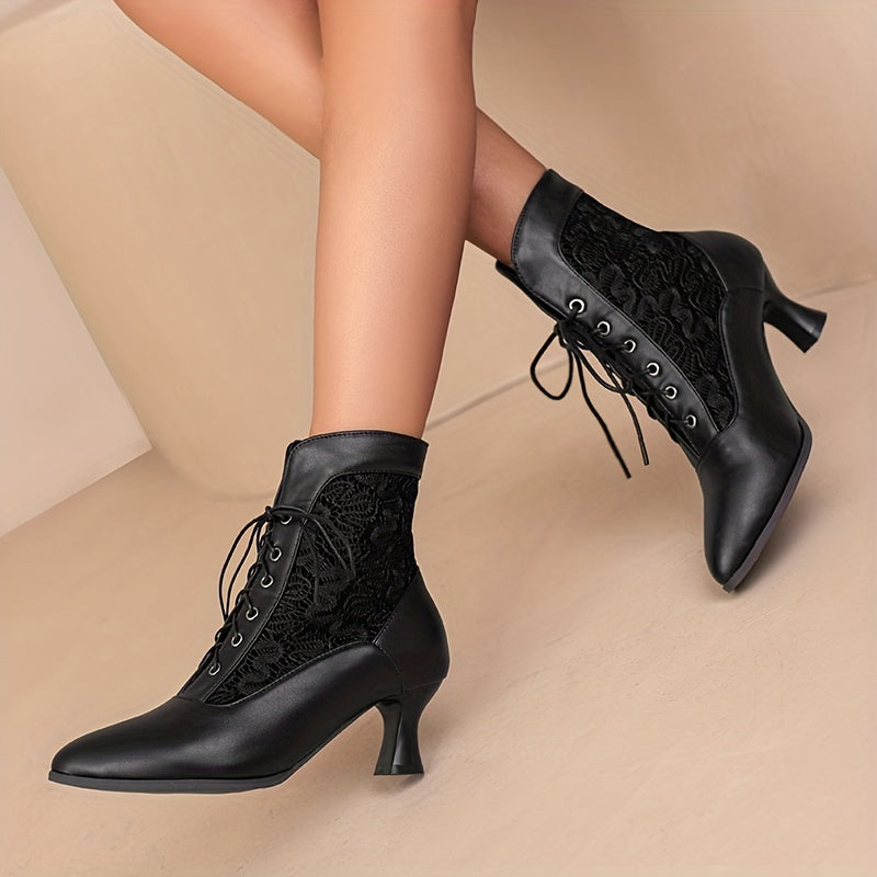 Women's Leather Stiletto Ankle Boots Pointed Toe Lace Up Short Shoes