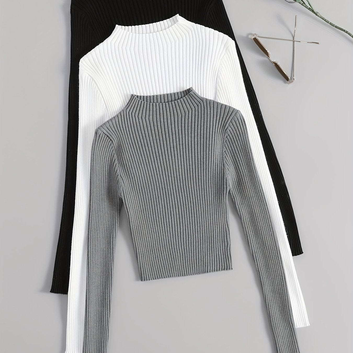 Camisetas de punto de canalé de color sólido para mujer, pack de 3, cuello alto, otoño e invierno, ajuste ajustado, suéteres casuales