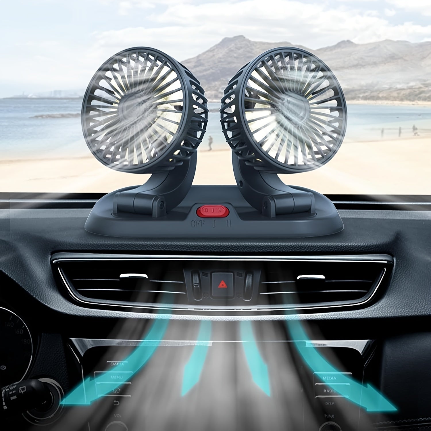 USB Rechargeable Portable Car Dual Fan with Adjustable Speed and Rotatable Heads