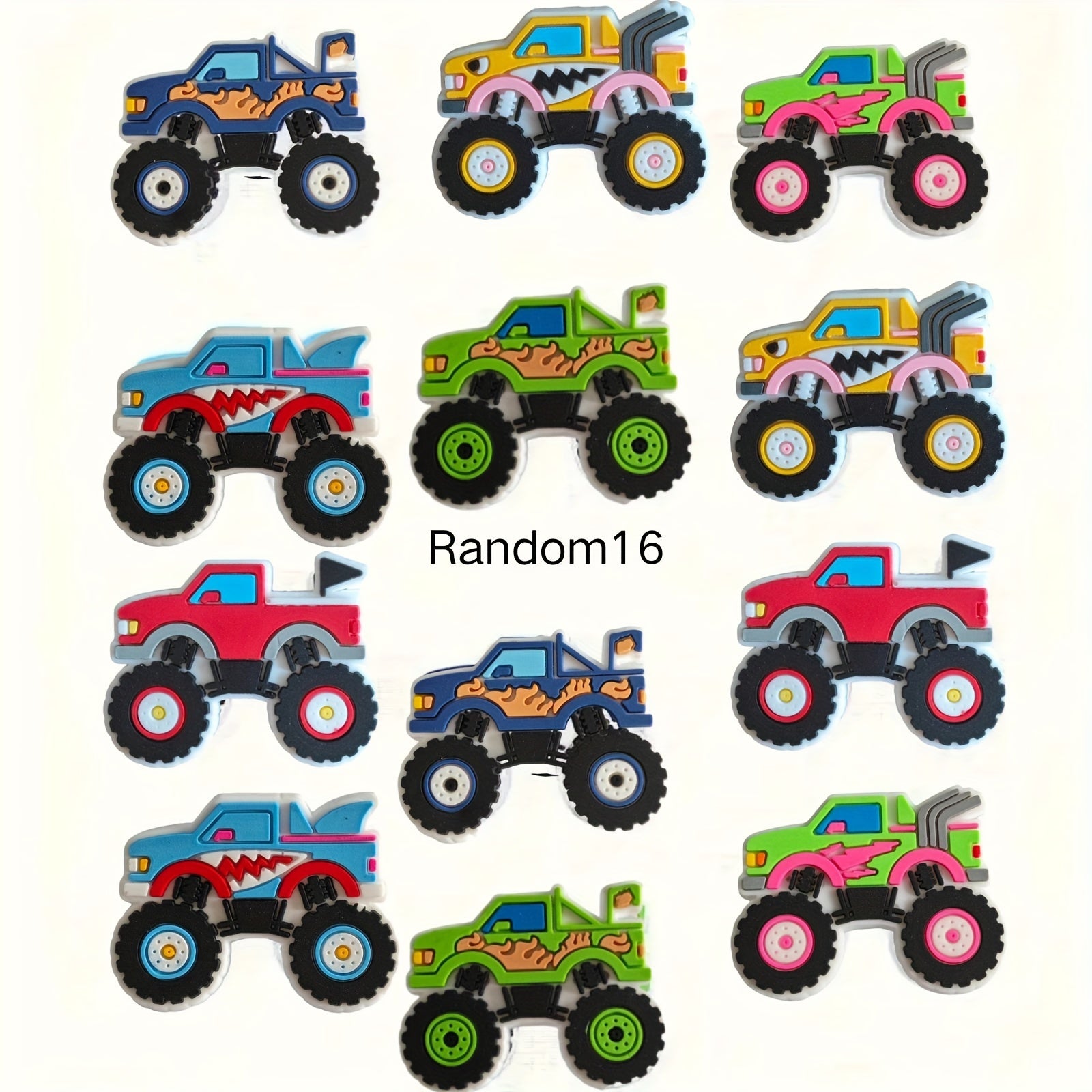 16 Pieces Monster Truck Shoe Charms PVC Cartoon Vehicle Decor Accessories for Sandals