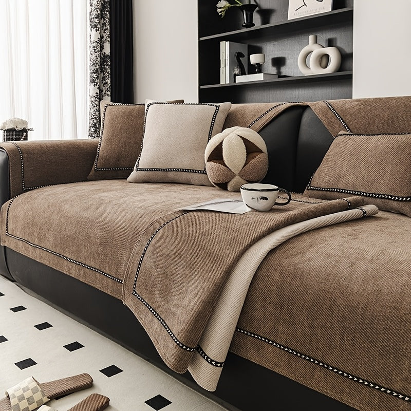 Chenille Sofa Cover with Lace Trim Non-Slip All-Season Furniture Protector Machine Washable