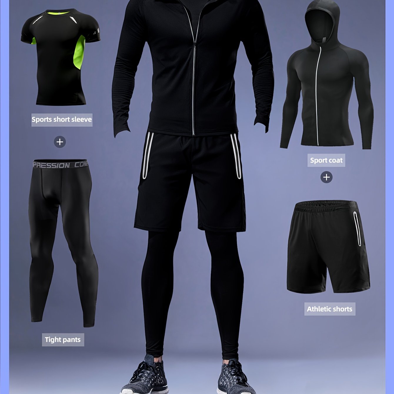 Men's Athletic Set Hooded Jacket Long Sleeve Shirt Shorts Leggings Polyester Spandex for Running Training Hiking