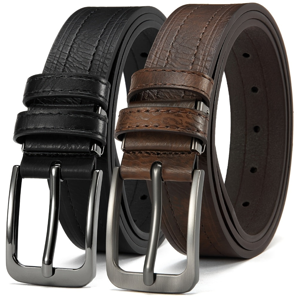 Men's Genuine Leather Belts Adjustable 3.17cm Width Square Buckle for Jeans Dress Pants Black Brown Set