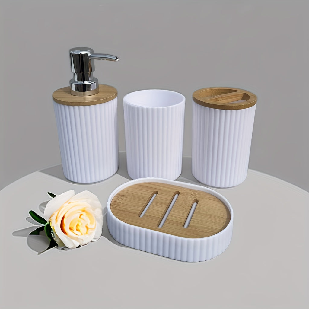 4-Piece Bamboo Bathroom Accessories Set with Dispenser, Toothbrush Holder, Soap Dish and Mat