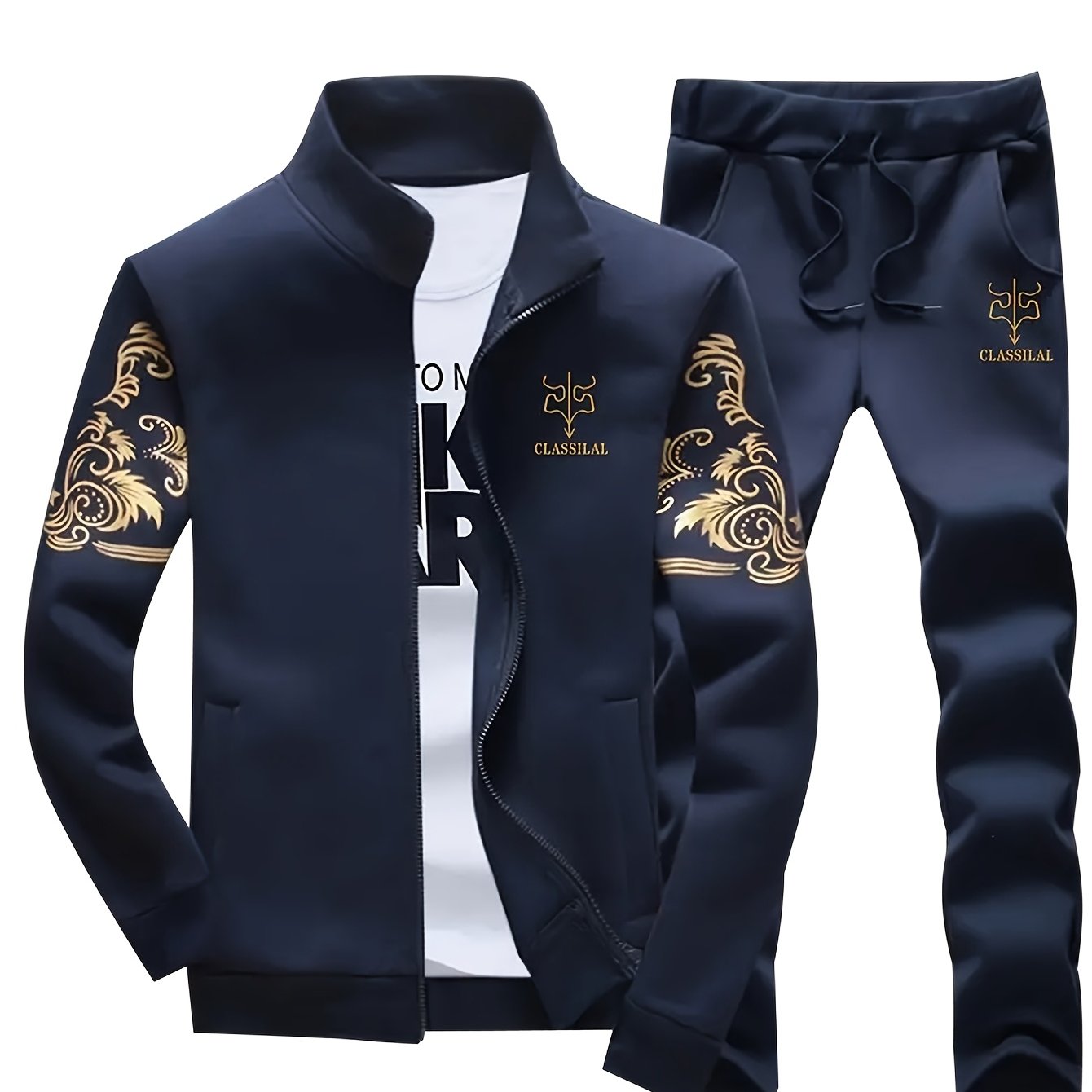 Men's Casual Sportswear Set Knit Polyester Stand Collar Zip-Up Jacket & Drawstring Pants