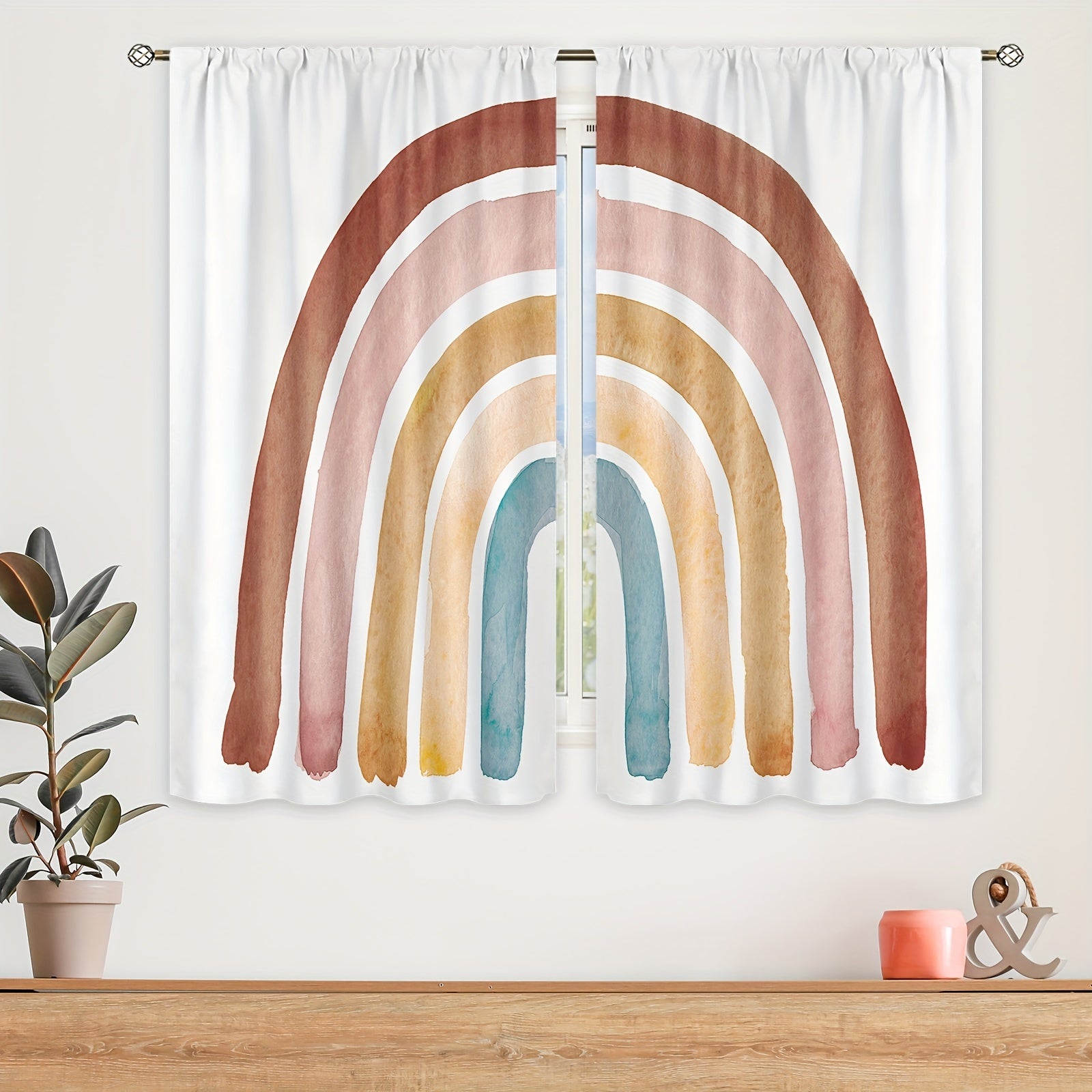 Bohemian Rainbow Cartoon Polyester Curtains 214x160cm 2 Pieces