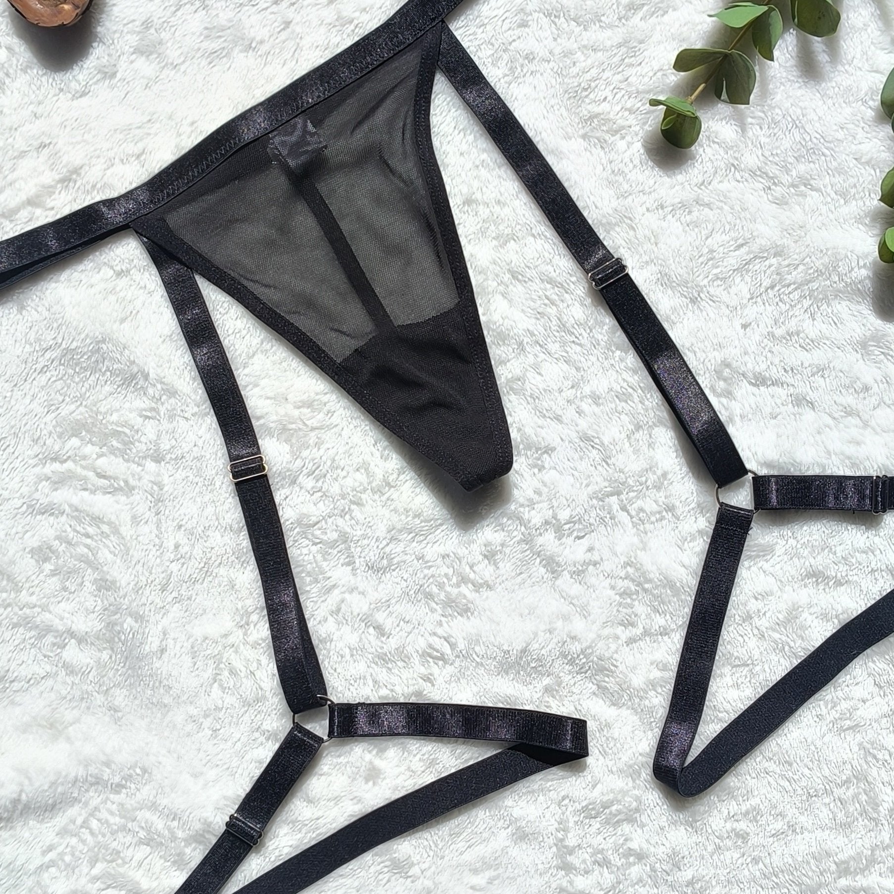 Women’s Monochrome Thongs with Garter Belt Sexy Lingerie