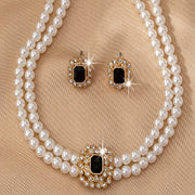 Women's Elegant Double Row Square Necklace and Earring Set Silver Tone