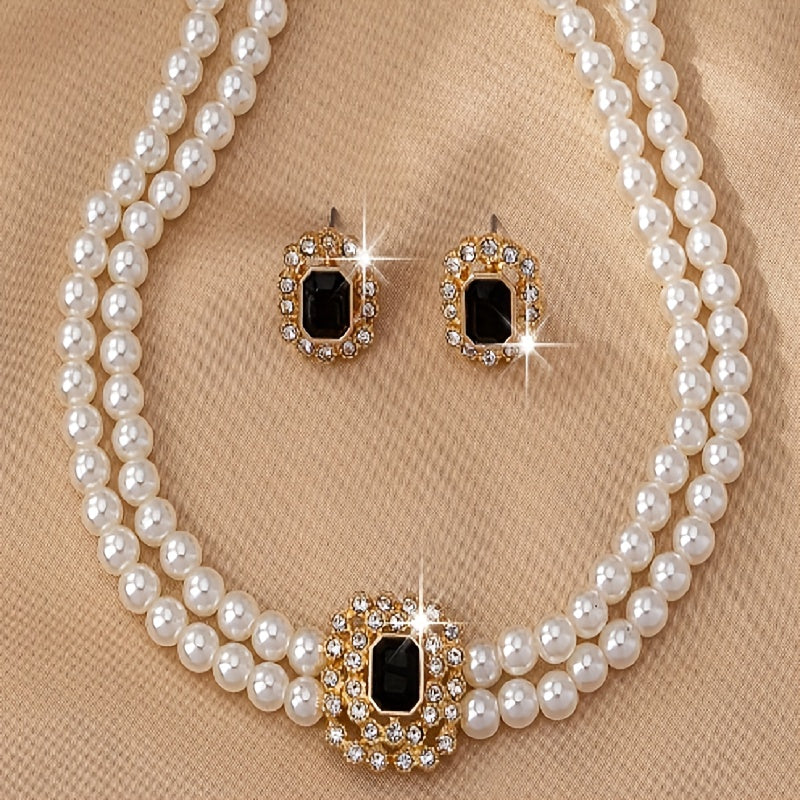 Women's Elegant Double Row Square Necklace and Earring Set Silver Tone