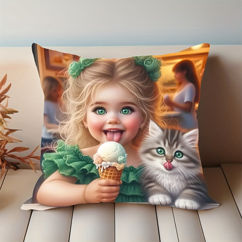 Girl and Kitten Print Plush Pillowcase 44.96cm Decorative Pillow for Home Decor