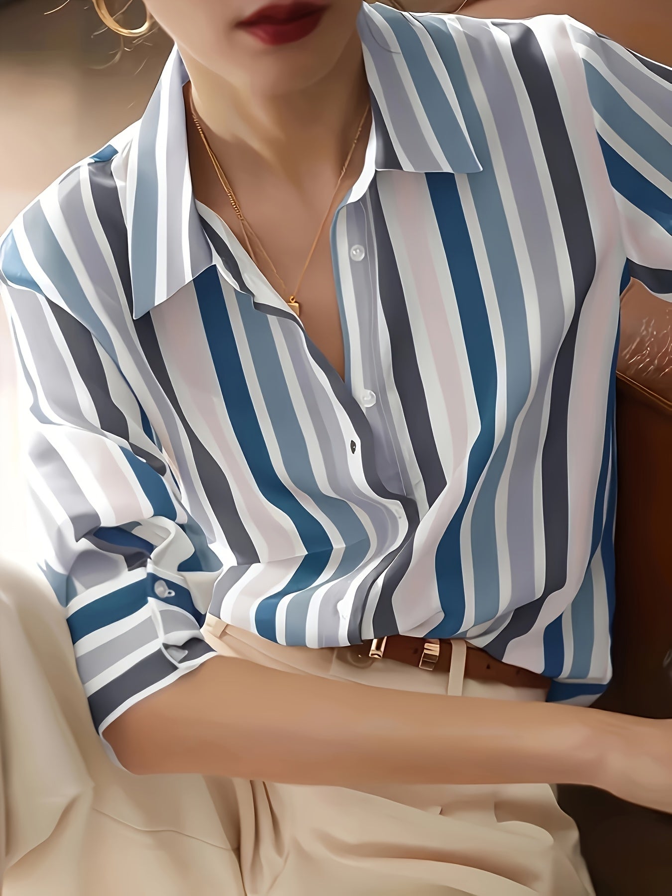 Women's Striped Woven Polyester Shirt with Lapel Collar Long Sleeves Casual Spring Summer Fall