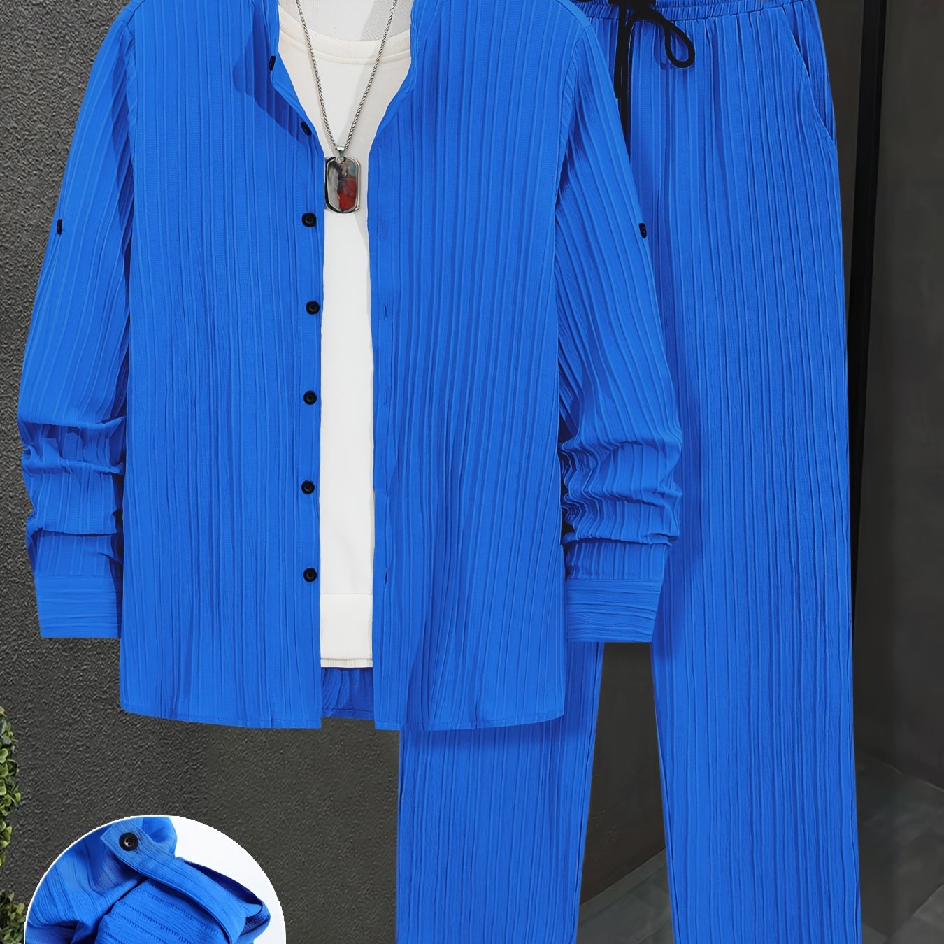 Men's Polyester Sweatsuit Set Casual Regular Fit Collared Shirt Drawstring Pants