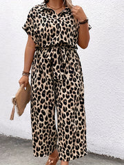 Mono de mujer de talla grande con estampado de leopardo, casual, de manga corta y pantalón ancho