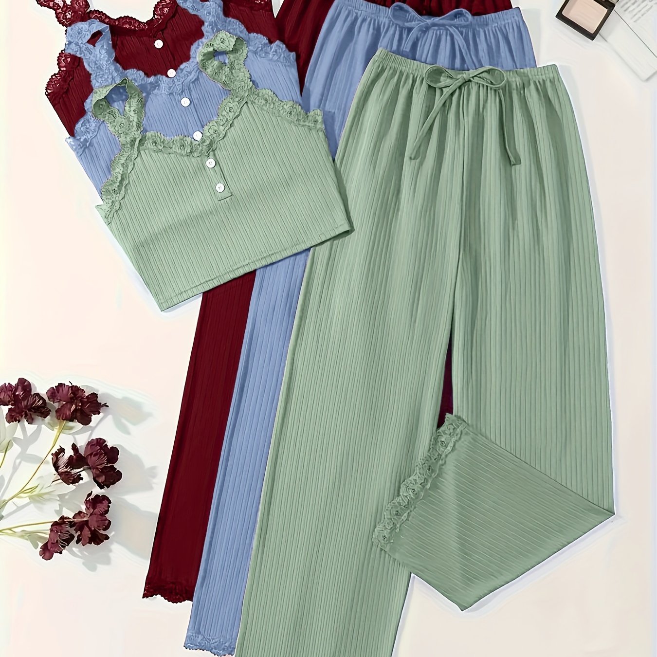 Women's Plus Size Lounge Set 3 Pieces Lace Ribbed Cami Top and Pants