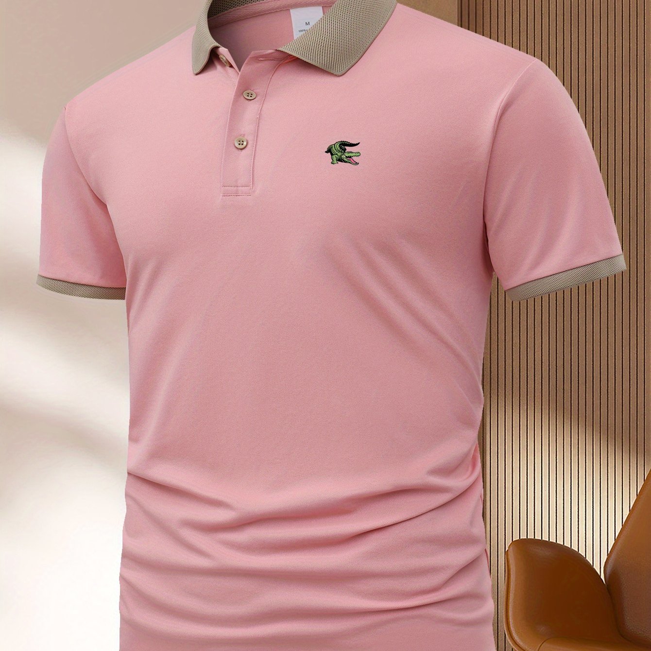 Camisa polo de punto para hombre de poliéster, verano, casual, patrón geométrico en azul marino, verde claro, caqui