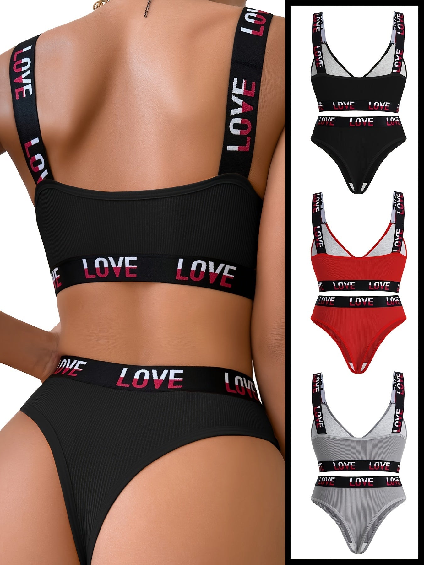 Set of 3 Wireless Ribbed Lace Lingerie Bras and Panties for Women