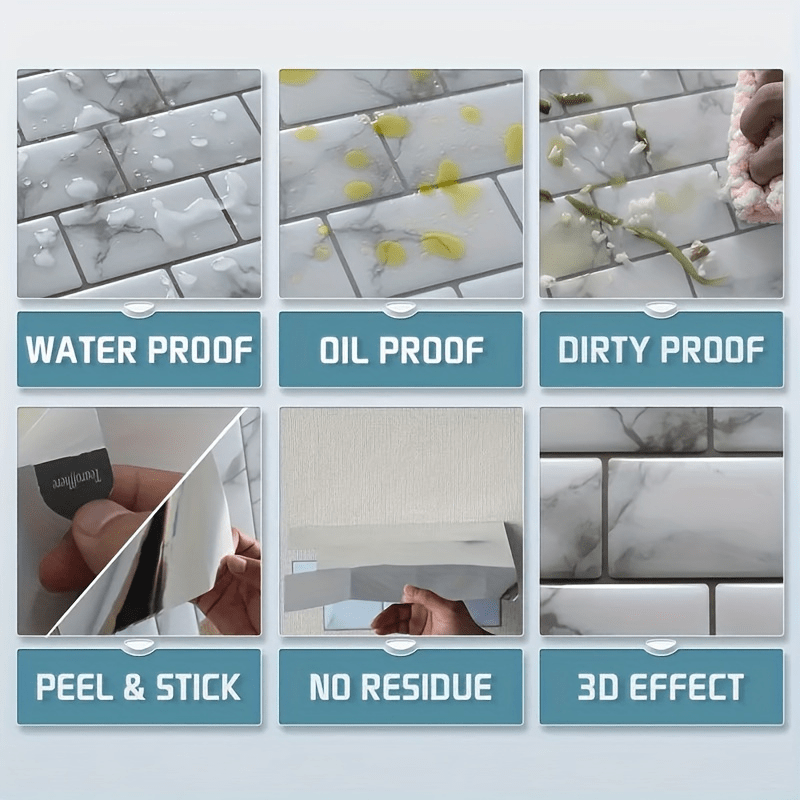 3D Self-Adhesive PET Tile Wall Stickers Waterproof Anti-Mold Oil-Resistant for Kitchen Bathroom Living Room