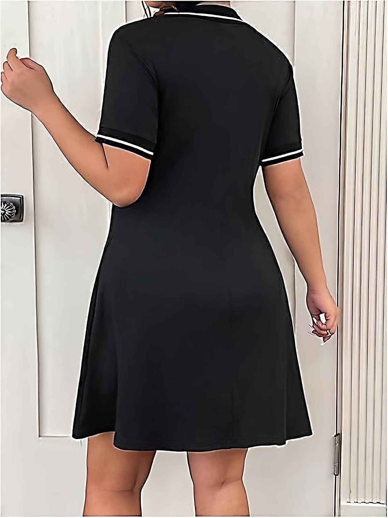 Women's Plus Size Black A-Line Dress with White Trim Short Sleeve Summer Outing Golf Tennis