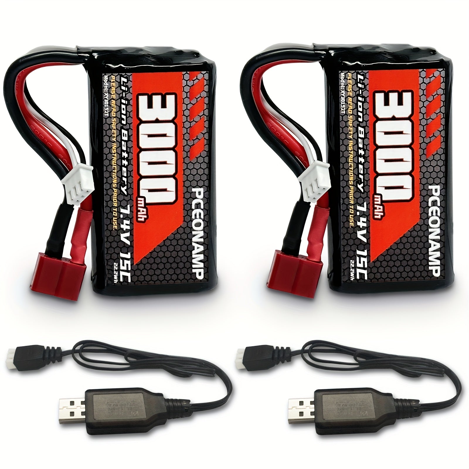 7.4V 3000mAh 2S Li-Ion RC Battery for 1/10 1/12 1/16 Scale RC Cars and Trucks