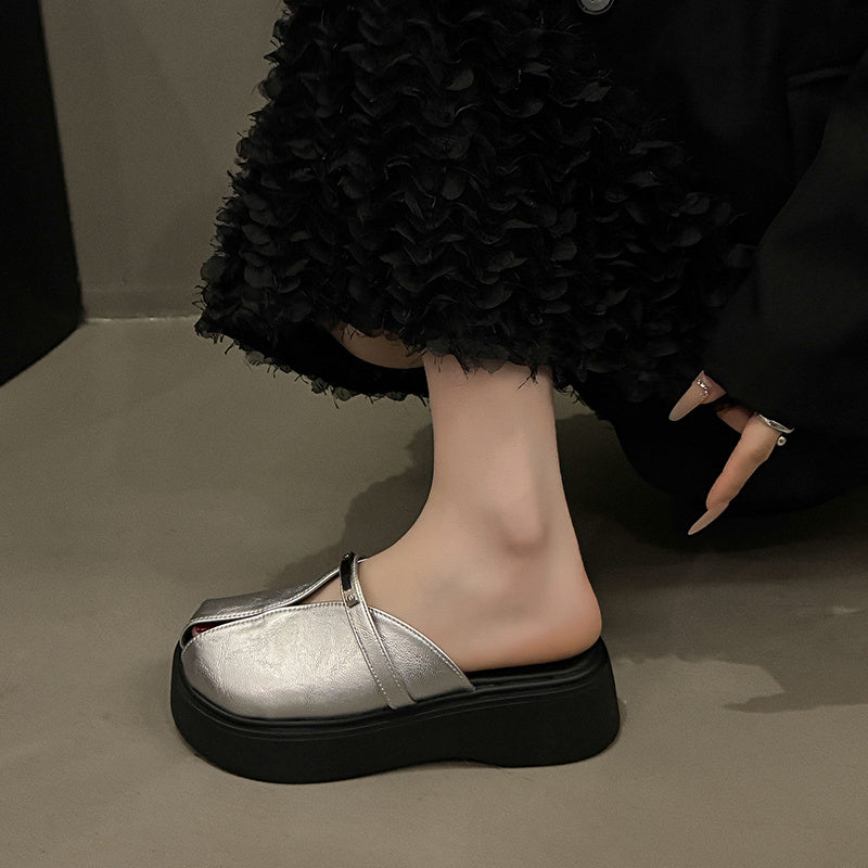 Women's Casual Mules Leather Elegant Flat Shoes Comfortable Black