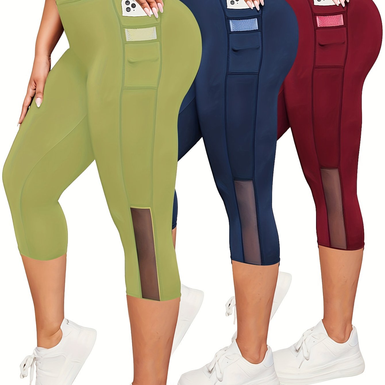 Women's High-Waist Tummy Control Yoga Capris with Pockets and Mesh Contrast in Black