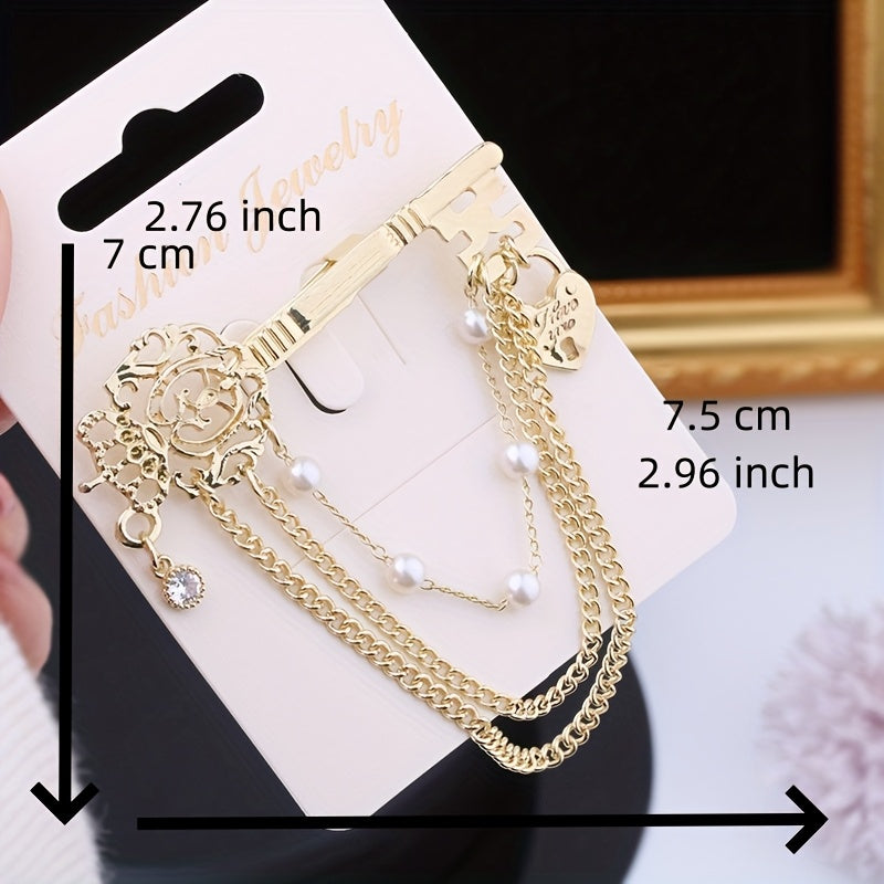 Elegant Key-Shaped Brooch with Rhinestones Pearl and Chain Tassel for Women and Men