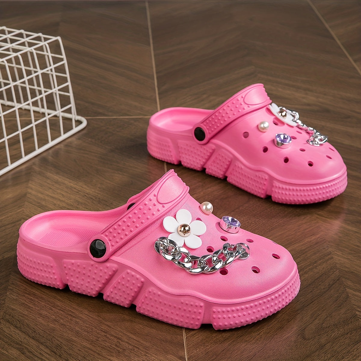 Women's Floral Rhinestone Decor Clogs Slip-On Casual Garden Slides