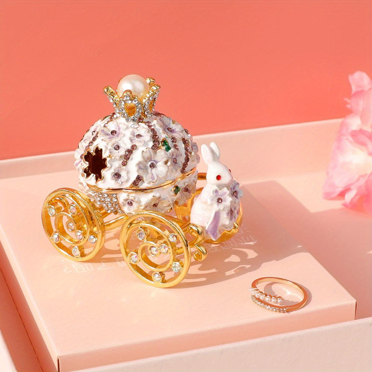 Pink Cherry Blossom Rabbit Jewelry Box Enamel Alloy with Magnetic Closure and Crystal Ring Holder
