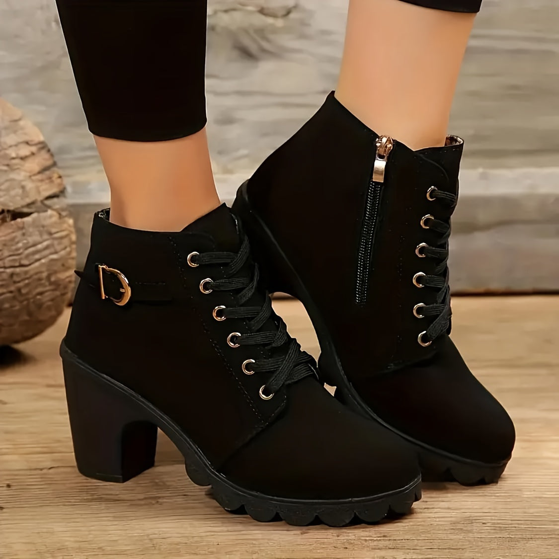 Women's Solid Color Chunky Heel Ankle Boots Lace-Up Short Boots