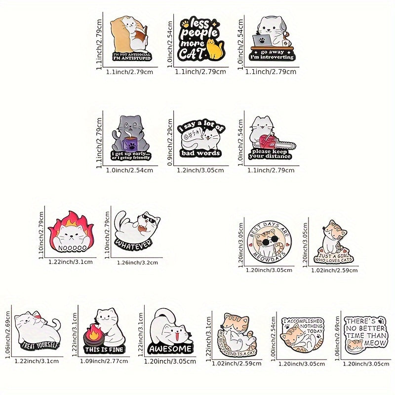 Set of 16 Playful Cat Enamel Brooches Cartoon Animal Lapel Pins for Clothing and Accessories