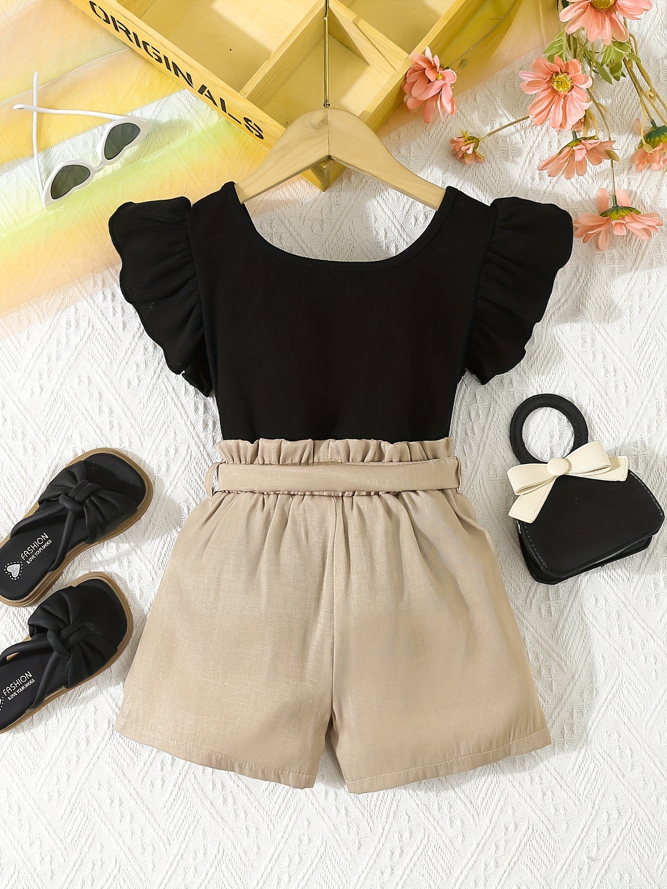 Girls Summer Shorts and Top Set with Lace-Up Sleeveless Top and Belt Shorts