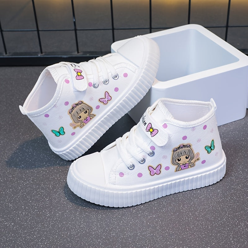 Girls' Canvas High-Top Sneakers with Cartoon Girl and Butterfly Design Breathable Rubber Sole