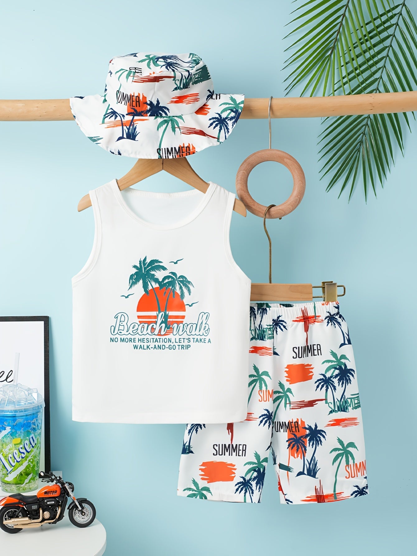 Boys' 3-Piece Tropical Leaf Print Tank Top and Shorts Set Breathable Knit Fabric