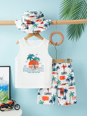 Boys' 3-Piece Tropical Leaf Print Tank Top and Shorts Set Breathable Knit Fabric