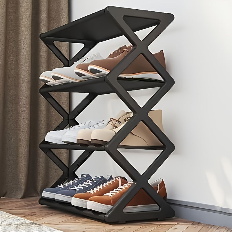 Organizador de zapatos moderno de plástico negro y acero inoxidable con cuatro niveles