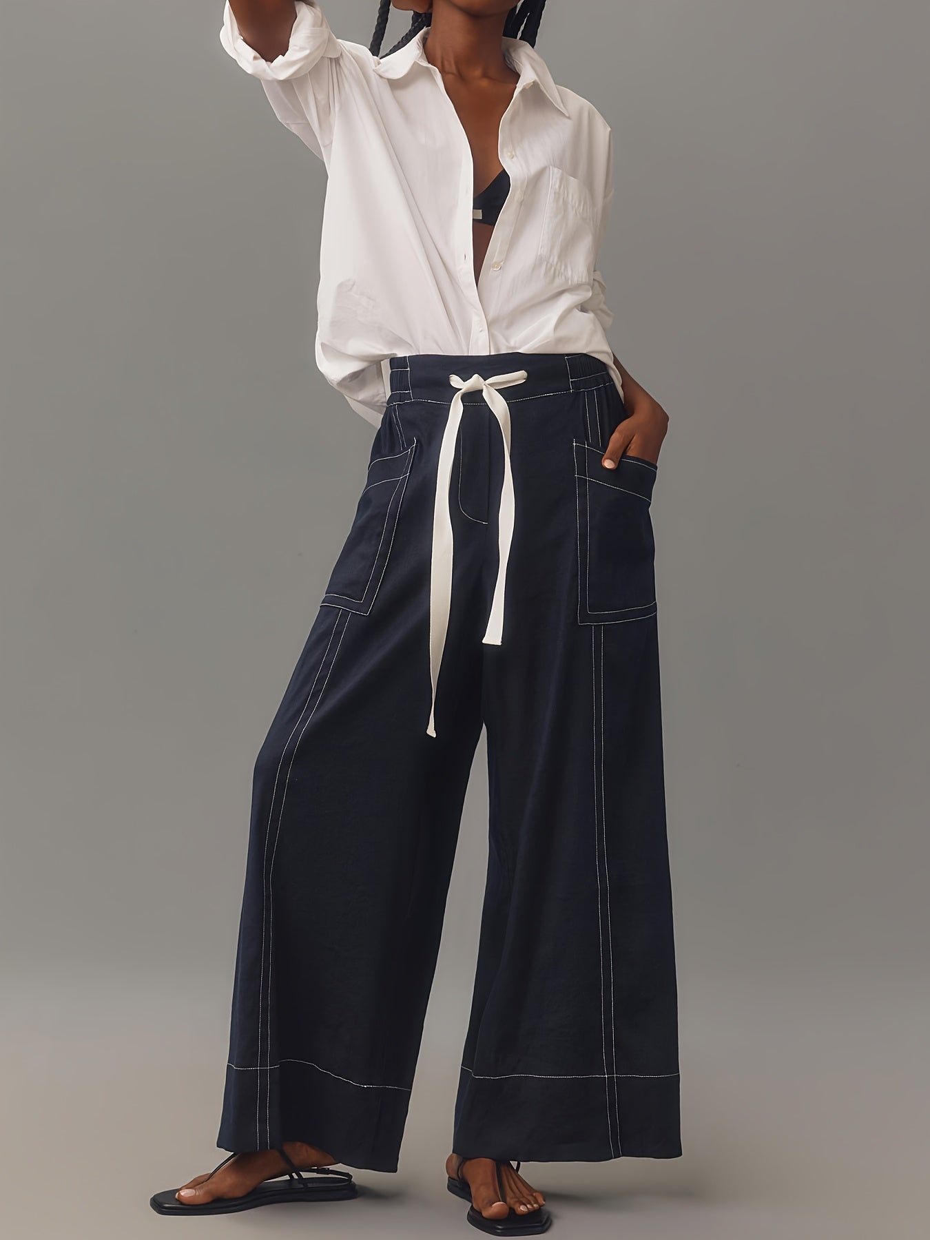 Women Plus Size Wide Leg Pants with Drawstring Elastic Waist Beige