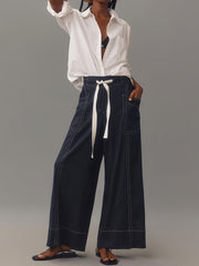 Women Plus Size Wide Leg Pants with Drawstring Elastic Waist Beige