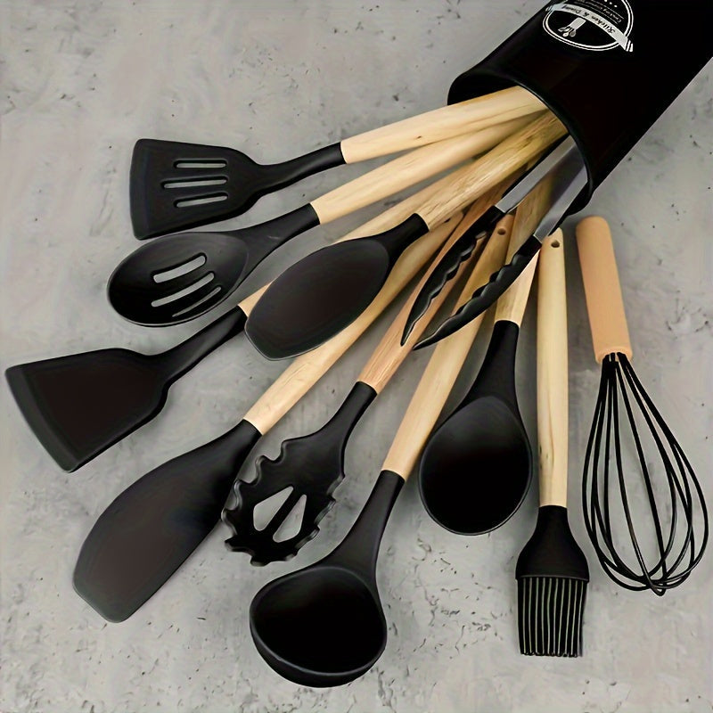 Silicone Kitchen Utensil Set 12 Pieces Non-Stick Cooking Tools with Wooden Handles
