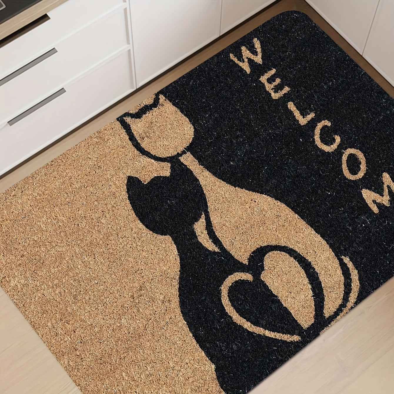 Cat Pattern Welcome Doormat Polyester Non-slip Entrance Rug for Bathroom Kitchen Living Room