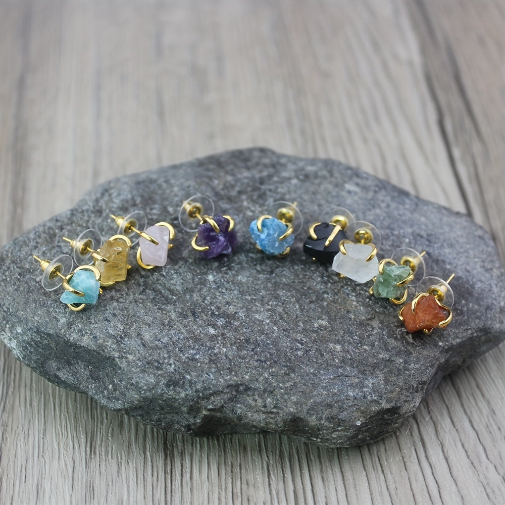 Small Handmade Stud Earrings with Colorful Natural Stones for Women