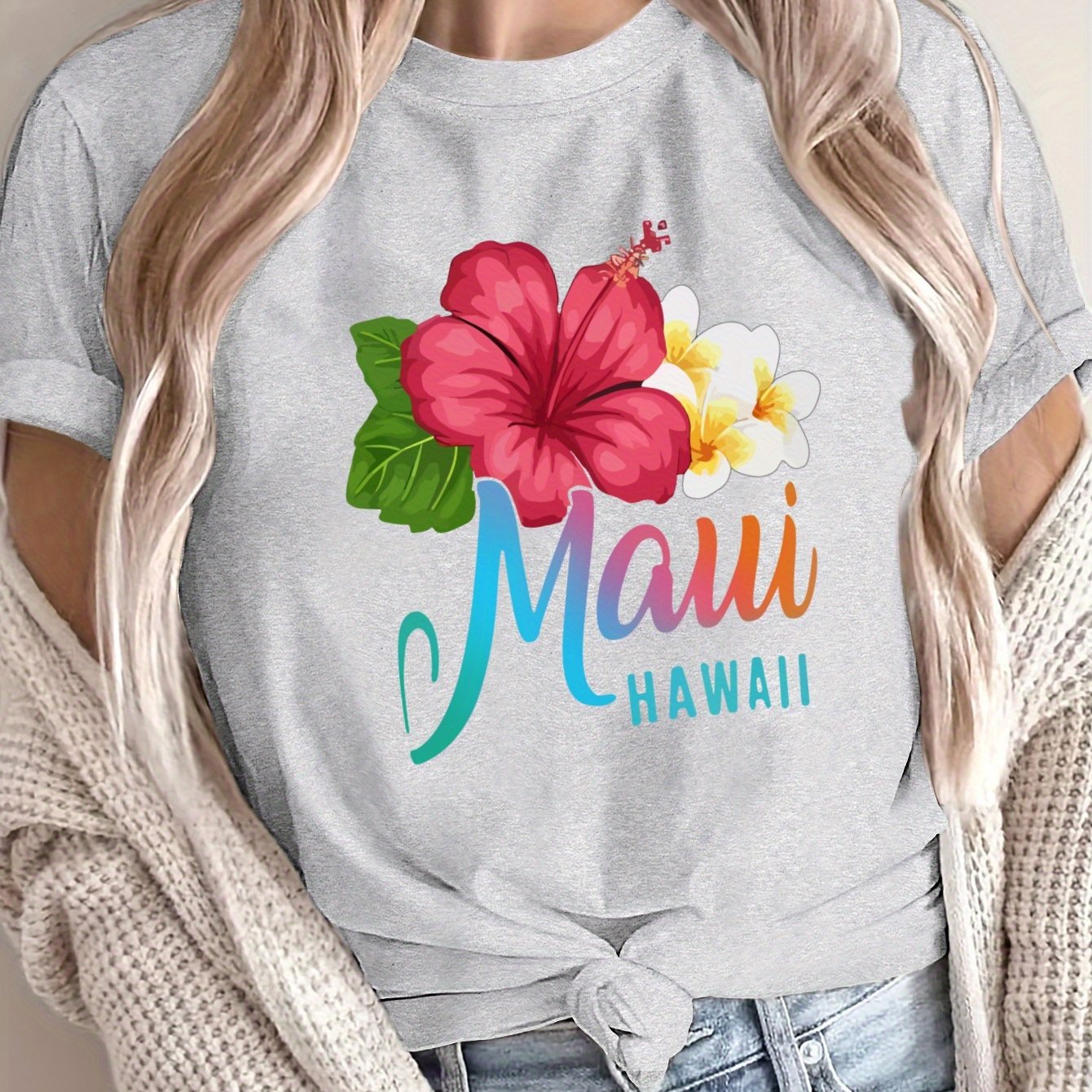 Women's Plus Size Loose Fit Hibiscus Floral T-Shirt Polyester Breathable Summer