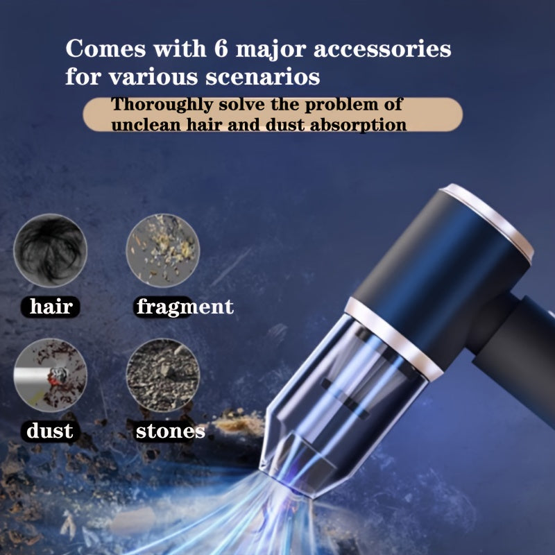 Мощный беспроводной автомобильный пылесос включает в себя две перезаряжаемые батареи по 2000 мАч, мотор мощностью 50 Вт и уровнем шума 45 дБ, сильное всасывание и аксессуары для уборки в автомобиле, доме и автодоме.