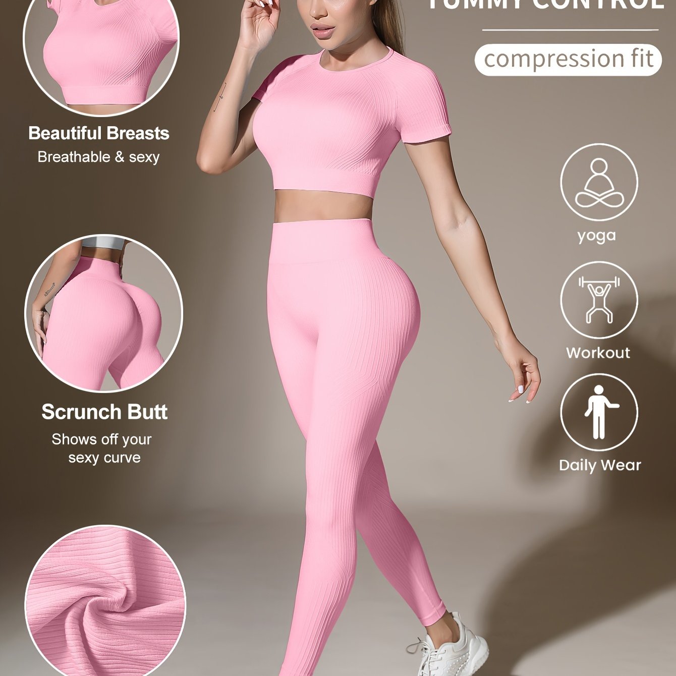 Women's Activewear Set for Workout and Running Breathable Yoga Top High Waist Leggings Solid Color