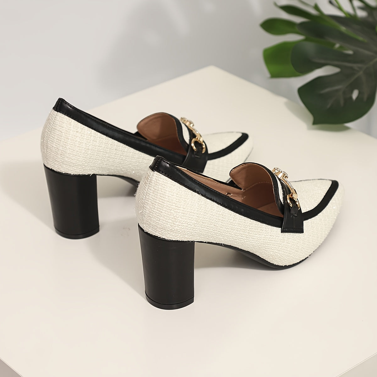 Women's White Black Mary Jane Pumps with Chunky Heel and Gold Chain Strap